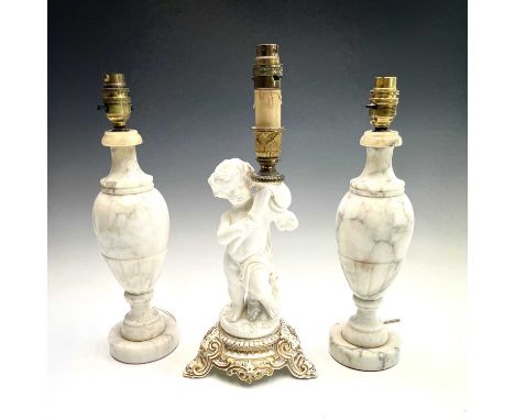 A pair of white marble baluster turned table lamps, 20th century, height 37cm, together with an English porcelain figural tab