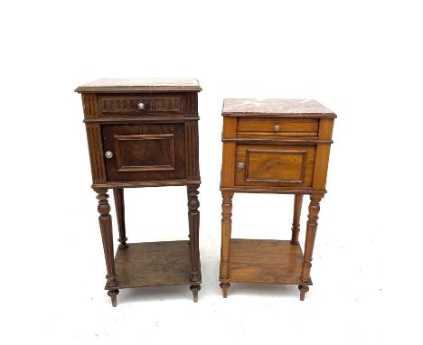 A 19th century French walnut bedside cabinet with marble top above a single drawer and cupboard with lower tier on turned and
