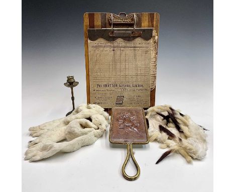A Shannon US patent file, with 1898 patent date and fitted alternating hardwood strips, height 37cm, together with a leather 