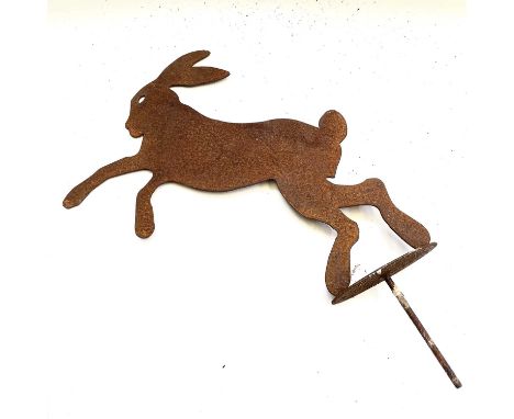 A sheet metal weather vane mount in the form of a boxing hare. Overall height 62.5cm. Condition report: The weather vane is r