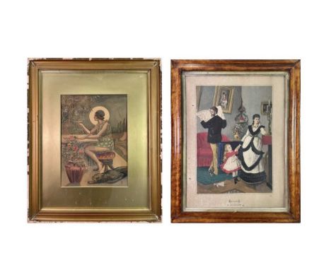 An Art Deco watercolour, a lady with a panther, monogrammed, 36 X 26cm, together with a Victorian print with birds eye maple 