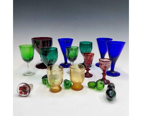 Assorted Victorian and later coloured glassware. Height 14cm diminishing. A box. Condition report: Large amethyst rummer with