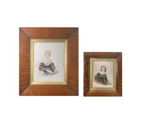 A Victorian watercolour portrait of a lady, wearing a black dress with lace collar, 15 X 12cm, in maple frame, together with 