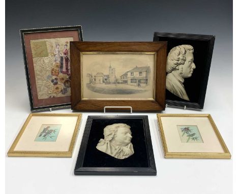 A Victorian pencil sketch of a High Street, in rosewood frame, the image 16 X 26cm, together with a pair of Bas-relief portra