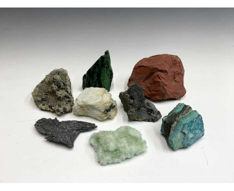 An interesting collection of eight identified mineral specimens comprising, kyanite, red jasper, quartz/pyrite/sphalerite(Per