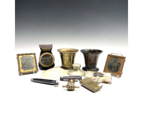 An 18th century bronze mortar, height 10cm, another similar, and other items to include a miner's brass snuff box inscribed W