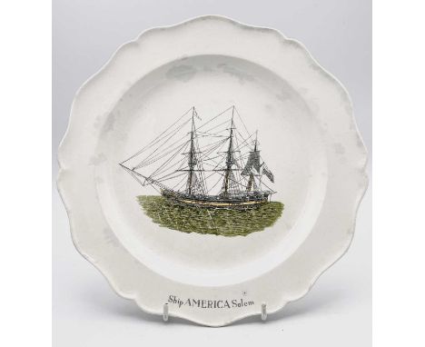American interest, a Spode creamware plate transfer printed with the ship 'Ship America Salem', the image is a copy of a pain