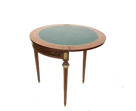 A reproduction French demi lune fold top card table, with marquetry inlay and gilt mounts, height 81.5cm, width 90cm, depth 4