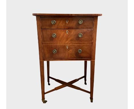 A Regency mahogany and crossbanded work table fitted two drawers with an X stretcher, height 74cm, width 48.5cm, depth 38cm.A