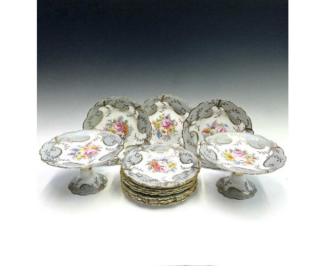 An Edwards & Brown 'Duchess China' dessert service, early 20th century, with painted floral decoration within grey and gilt b