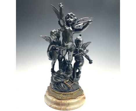 After Rousseau, a bronze group of three cherubs, early 20th century, emblematic of art, music and science, on a marble socle,