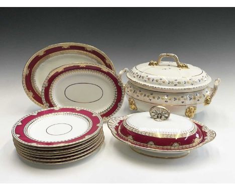 A 19th century Copeland porcelain part dinner service with burgundy and gilt borders, comprising of seven dinner plates, two 