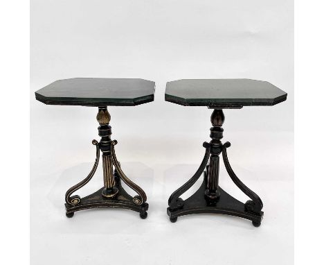 A pair of Regency style occasional tables, with marble tops and raised on gilt and black painted bases, height 53cm, width 41