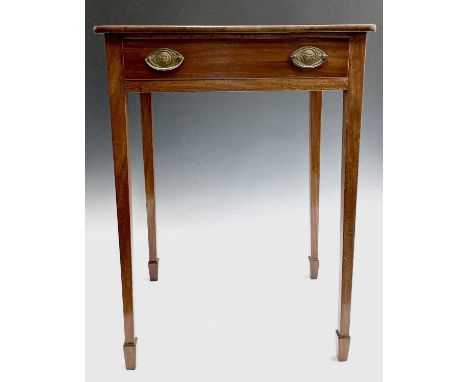 A late George III mahogany and crossbanded side table, fitted a single drawer on square taper legs, height 70cm, width 52cm, 