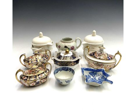 A Royal Crown Derby Imari pattern sugar box and cover, a similar Minton example, another, a Spode sugar box and cover, an 18t