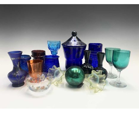 A Secessionist blue glass jar and cover, probably Austrian, circa 1920, with silver lustre decoration, height 20cm, together 