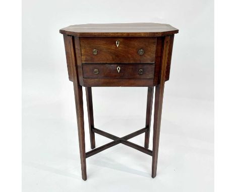 A Regency mahogany and crossbanded sewing table, of octagonal shape, with rising lid and lower drawer, height 71.5cm, width 4