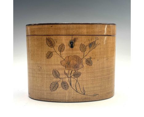 A George III oval satinwood tea caddy, with floral and trailing foliate inlay and lidded compartment, width 14cm.Provenance:A