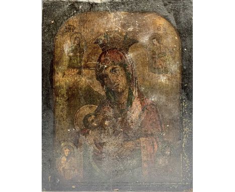 A Russian icon, 19th century, of The Holy Mother and infant child with four saints, height 27cm, width 22cm.Provenance: From 