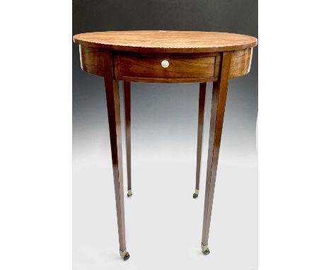 A late George III oval mahogany and crossbanded side table, fitted a single drawer on square taper legs, height 74cm, width 5