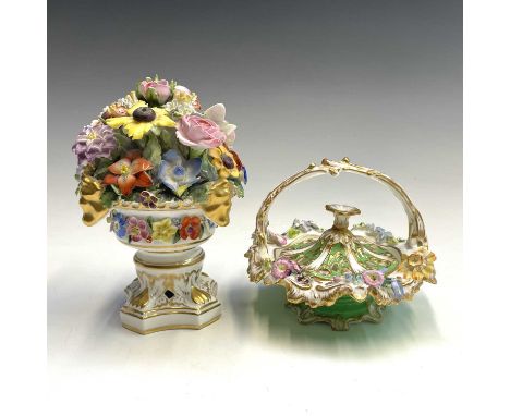 A Stevenson & Hancock Derby porcelain flower urn, with delicately modelled blooms, on a pedestal base, height 16.5cm, togethe