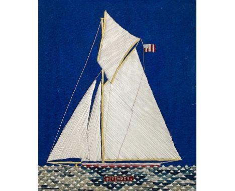 A late 19th/early 20th century woolwork ship portrait of the yacht 'Defender' (America's Cup victor 1895). 46cm x 38cmProvena