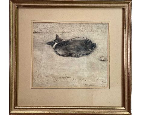 A pen and coloured wash portrait of 'Lotti', a beloved pet, indistinctly signed and inscribed, dated 1963, 25.5 X 29.5cm.Alan