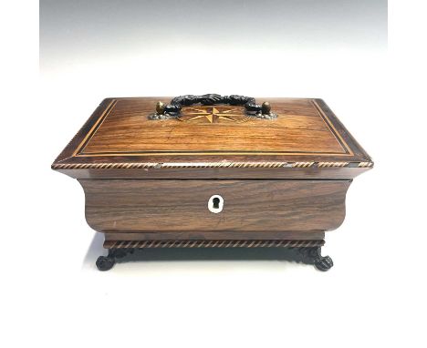 A Regency rosewood, inlaid and chevron banded casket, the bronze handle as clasped hands, the lid with internal mirror, on ca