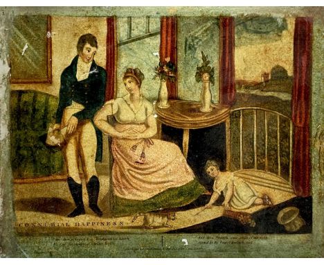 An early 19th century reverse coloured print on glass, 'Connubial Happiness', depicting a couple with a child and cat. 20cm x