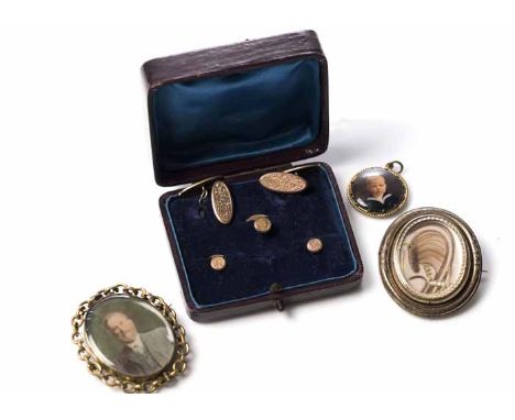COLLECTION OF VICTORIAN AND LATER JEWELLERY
comprising two mourning brooches of oval form, a cased set of nine carat gold cuf