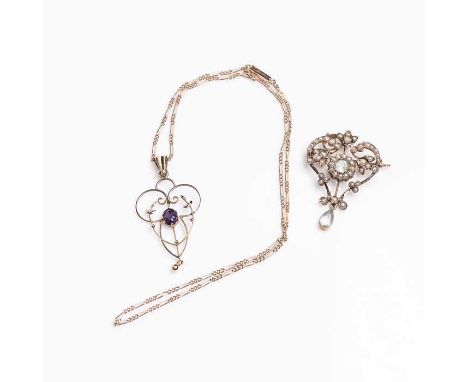 TWO EARLY TWENTIETH CENTURY HOLBEINS
of pierced form, one set with a central blue gemstone and seed pearls, the other with an