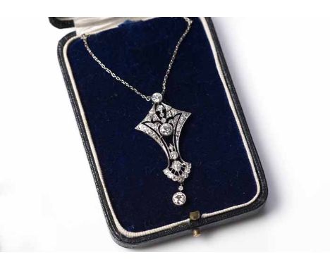 FINE ART DECO DIAMOND PENDANT
of pierced form, set with brilliant cut diamonds totalling very approximately 1.50 carats, unma