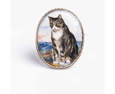 HAND PAINTED CAT BROOCH
titled 'Joey' and signed 'R Ward Birks 1922' on the reverse, bordered in nine carat gold