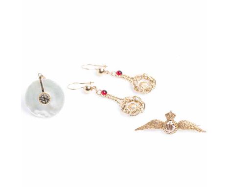 PAIR OF RED GEM SET DROP EARRINGS 
with a circular section suspended on a beaded chain, below a cabochon red gem, in eighteen