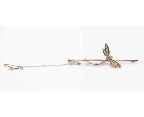 EDWARDIAN DRAGONFLY MOTIF BAR BROOCH
the swallow set centrally with an oval sapphire, the wings set with seed pearls, unmarke