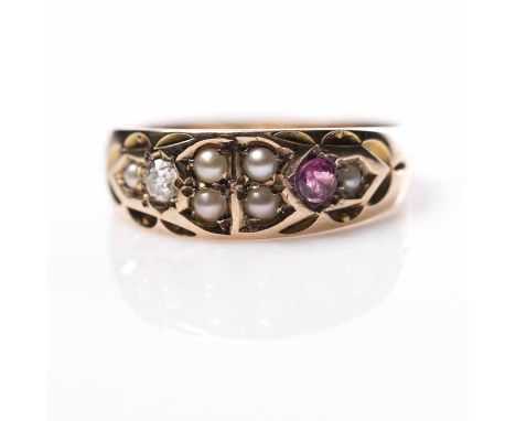 VICTORIAN FIFTEEN CARAT GOLD RUBY, PEARL AND DIAMOND RING
the central pearls flanked by a diamond and ruby, hallmarked fiftee