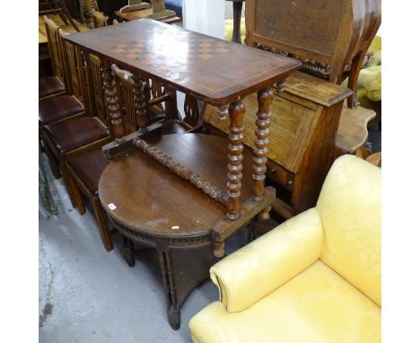 A Victorian games-top stretcher table, a Chippendale design circular mahogany centre table on a cluster column leg, and an oa