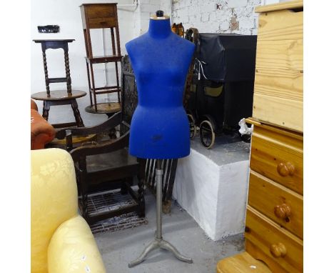 A Vintage French mannequin on telescopic metal base, covered in blue linen, with Cleo Paris stamp 