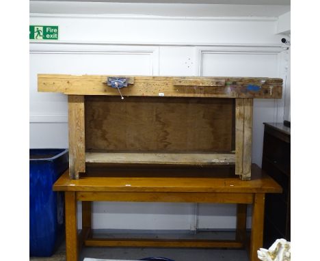 A Vintage pine workbench with a Record vice, L193cm, H85cm, D62cm 