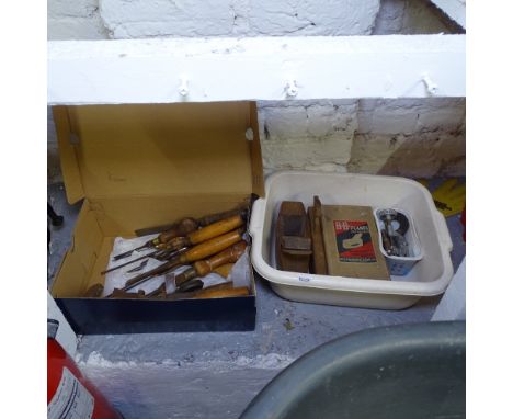 A quantity of Vintage woodworking tools, planes, and a box with amperes meter etc 