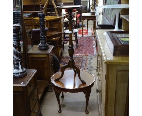 A mahogany torcher stand on tripod base, W29cm, H93cm and an occasional table 