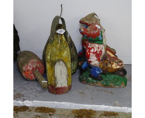 A pair of painted garden concrete gnome figures, and 3 Vintage painted wood garden stands 