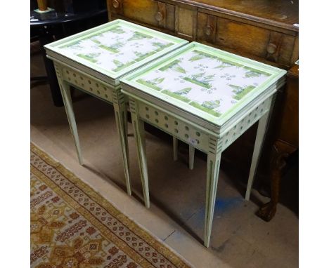 A pair of square painted side tables, with Delft tile-tops, W48cm, H74cm 