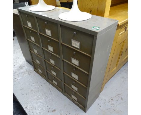 A Vintage industrial grey metal cabinet with 15 pigeon holes, W112cm, H113cm, D32cm 