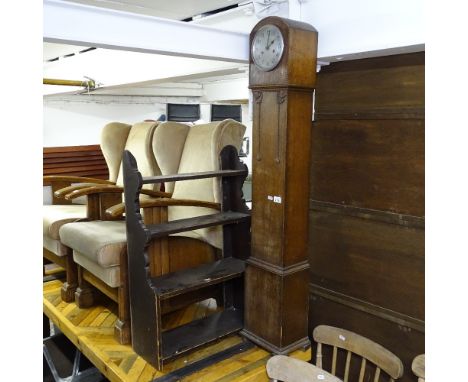 An oak-cased Grandmother clock, and a stained pine 4-tier shelf unit 