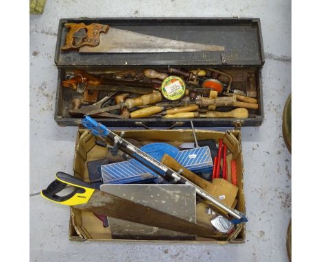 A carpenter's wooden toolbox, with various hand tools, and a box of miscellaneous hand tools 