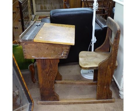 A Vintage pine and elm school desk, W46cm, H84cm 