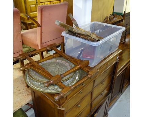 4 Indian engrave brass table tops, 1 folding base, and a quantity of hand tools 