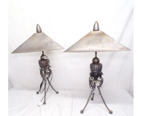 A pair of cast-metal dragon tripod table lamps of large size, H98cm 