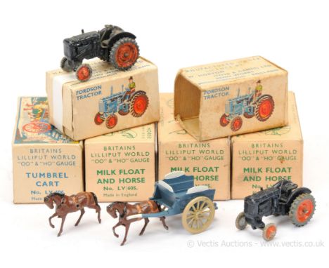 Britains - Lilliput Farm Figures, comprising: 2 x Model LV604 - Fordson Tractor - Dark Blue with Orange Hubs [no drivers], Mo